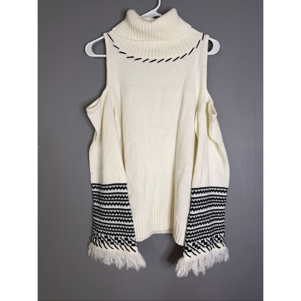 Venus Cold Shoulder Turtleneck Sweater Womens Bell Sleeves w/Fringe Ivory M